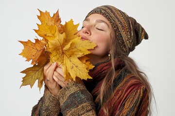 It features an attractive brunette with long hair pointing at the text. A girl in a yellow sweater holds autumn leaves. She rejoices, has fun, and is surprised. An empty seat highlights the girl