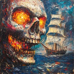 A Skull Watches as a Sailboat Sails into the Night.