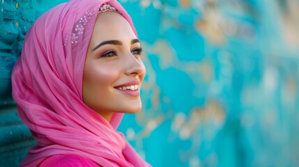 Wall Mural - A woman wearing a pink scarf and smiling