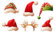 © Лиля Зайдуллина - Santa Claus hats, elf hat, headdress with deer antlers and star. Winter hat, Christmas headdress, Santa Claus vector cap. Vector set for decorating Christmas and New Year designs.