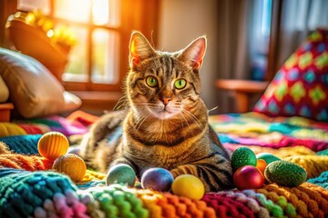 Playful tabby cat lounging in a sunlit room with cozy blankets and colorful toys scattered around