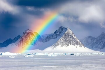 An atmospheric alpine landscape with snowy mountains and rainbow in a rainy and sunny climate with snowy mountains.