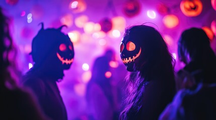 Wall Mural - halloween pumpkin party with masked guests and blurred purple and pink lights