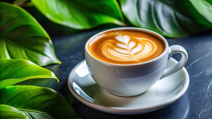 A cup of cappuccino with beautiful latte art, surrounded by vibrant green tropical leaves. Perfect for coffee, tropical, and nature-inspired content...