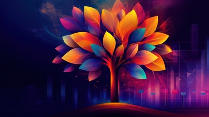 Wall Mural - A vibrant, abstract tree with colorful leaves against a dark background, symbolizing growth.