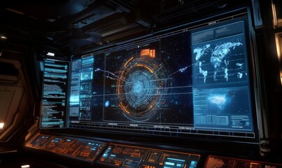 Futuristic spaceship control panel with displays.
