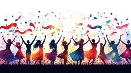 Poster - A vibrant celebration with silhouettes of people dancing amidst confetti and colorful banners.