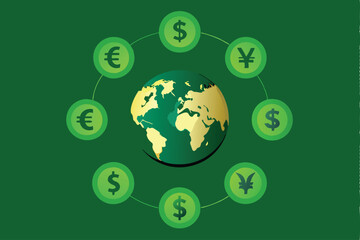 Vector illustration of a globe surrounded by currency symbols.