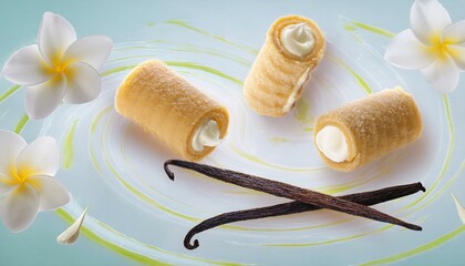 Mini bite wafer rolls inside filled with cream air flying, placed on what appears to be a swirl of cream, with vanilla flowers and pods in the white background. ai generated