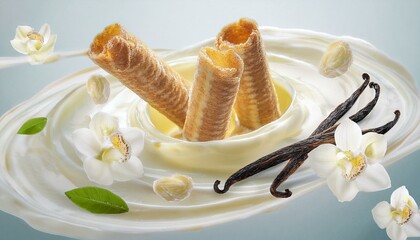 Mini bite wafer rolls inside filled with cream air flying, placed on what appears to be a swirl of cream, with vanilla flowers and pods in the white background. ai generated