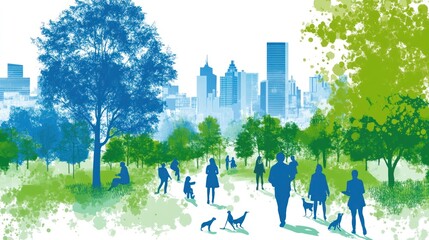 Sticker - A vibrant park scene with people and dogs amidst a city skyline.