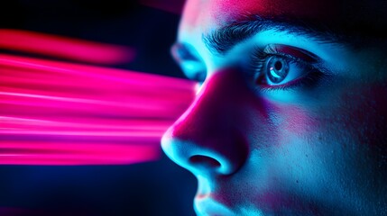 Close-up shot of a young man's face with neon reflections, soft pink and teal lights dancing on his skin, serene expression, retro-futuristic style, smooth lighting