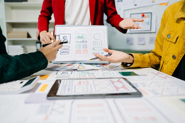 Wall Mural - ux developer and ui designer brainstorming about mobile app interface wireframe design with customer