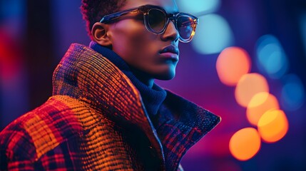 Male model in an oversized coat, bold patterns and textures, walking with confidence on a colorful runway, close-up angle, vibrant lighting, street style, fashion-forward, digital illustration