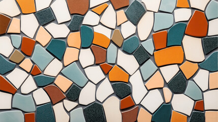 Wall Mural - Abstract background pattern of multicolored ceramic tiles arranged in a mosaic. The tiles are of various shapes and colors including blue, orange, white, and brown.