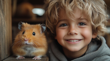 A cheerful young boy with tousled hair beams beside a fluffy hamster in a warm, inviting wooden enclosure, capturing a joyful moment in the afternoon sunlight.