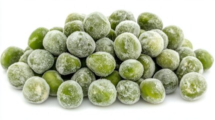 Wall Mural - Close-up of a pile of frozen green peas against a white background.