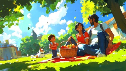 Canvas Print - A joyful family picnic in a sunny park, enjoying nature and each other's company.