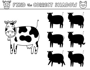 Wall Mural - Find the correct shadow black and white activity page for kids with a cute cow. Shadow matching game with a farm animal. Vector illustration