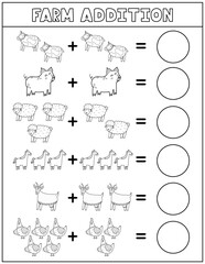 Poster - Black and white farm animals addition worksheet for kids. Math activity page in outline with cute farm characters. Calculate and write the result sheet for school and preschool. Vector illustration