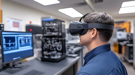 A state-of-the-art manufacturing facility, an engineer designs products in virtual reality while robotic systems assemble the real parts in the background