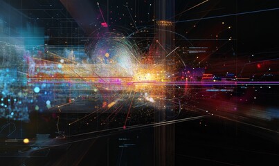 Abstract digital network with glowing lines and data.
