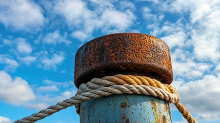 Old mooring bollard with rusty surface, ropes tied around it, and a bright blue sky with clouds in the background.