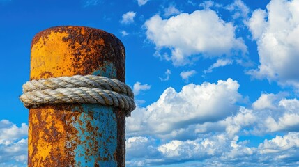 Old mooring bollard with rusty surface, ropes tied around it, and a bright blue sky with clouds in the background.