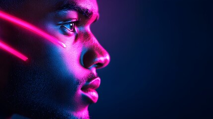 Neon pink and purple reflections on a young man's skin, close-up portrait, intense focus on the eyes, futuristic vibe, sharp details, high contrast, vibrant lighting