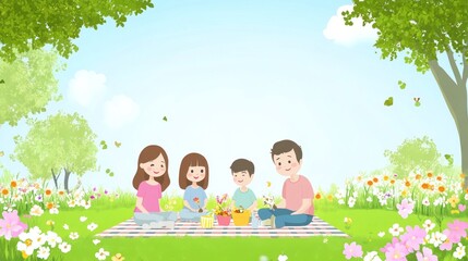 Sticker - A cheerful family picnic on a sunny day surrounded by flowers and greenery.