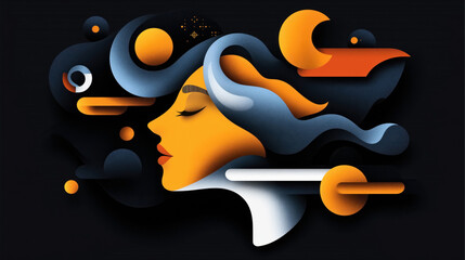 Wall Mural - digital abstract illustration of a woman's profile with flowing hair integrated into a cosmic backgr