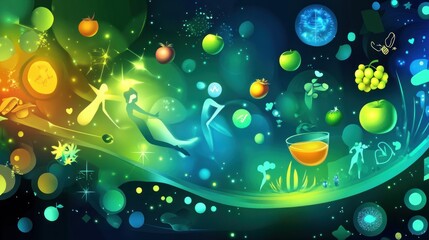 Sticker - A vibrant, abstract illustration featuring fruits, figures, and cosmic elements.