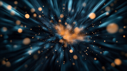 Sticker - Abstract depiction of light streaks and particles radiating from a central point, creating a dynamic explosion effect in shades of blue and orange.