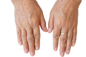 Old woman's hand on white background.