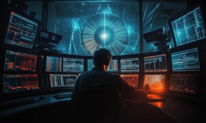 Man monitoring data in dark room with multiple screens.