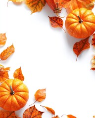 Canvas Print - Autumn Decor with Pumpkins and Leaves on White Background