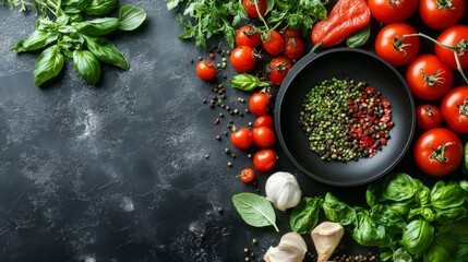 Wall Mural - Fresh tomatoes, basil, garlic, and peppercorns arranged on a black background.