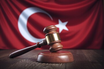 Wooden gavel rests on block against Turkish flag backdrop, symbolizing law and governance.