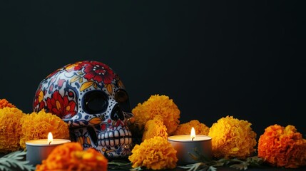 Template for Dia de Los Muertos (Day of the dead), calavera, marigolds, black background, copy space. Generative AI