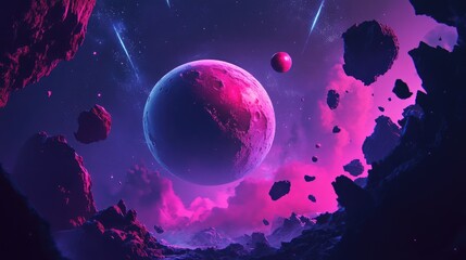 Wall Mural - 2d cartoon illustration of a fantasy galaxy featuring a planet moon craters and abstract satellite t