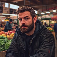 A thoughtful Caucasian man with a beard, wearing a black jacket, seated at a vibrant market filled with fresh produce.