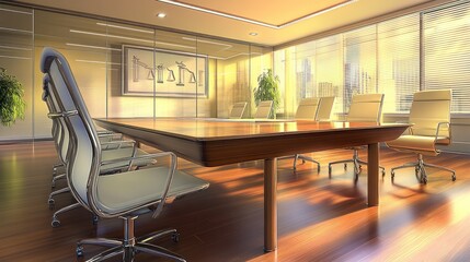 Poster - Modern conference room with a large table and ergonomic chairs, illuminated by natural light.