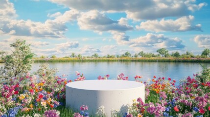 Abstract 3D rendering of a spring scene featuring a white stone podium amidst a vibrant flower field by a lake ideal for product display advertising or mockup purposes