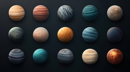 Wall Mural - a collection of 15 different planets, each with unique colors and surface textures, arranged in a fi