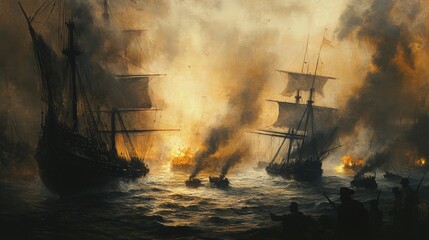 Canvas Print - Naval battle with burning ships and silhouettes.