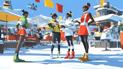 Poster - A vibrant winter scene featuring four stylish women in a snowy outdoor setting.