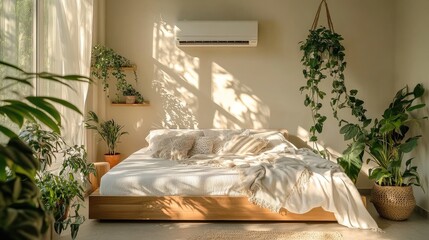 Sticker - An airy daylit room showcasing a stylish double bed with modern air conditioning, accented with greenery from houseplants