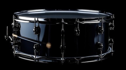 An artistic close-up of a snare drum with drumsticks placed neatly on its surface, highlighted against a sleek black background