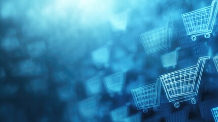 Wall Mural - an e-commerce-themed background transitioning from blue to silver, featuring pixelated shopping cart