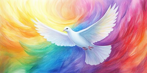 A white dove flying in a colorful sky.